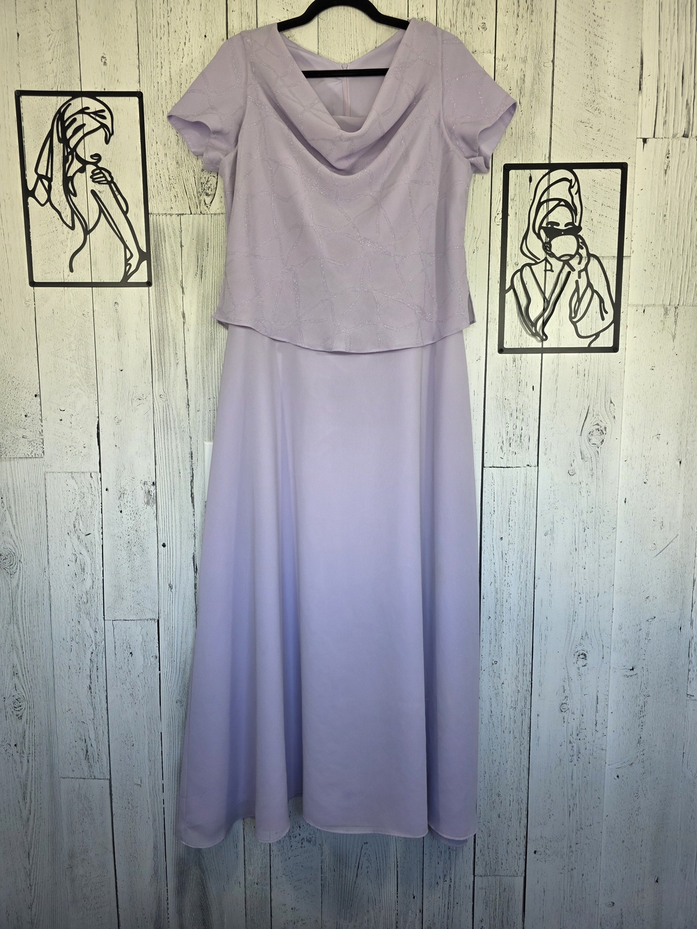 Lavender Chiffon Formal Maxi Dress Glitter Overlay Cowl Neck Size 18 Wedding